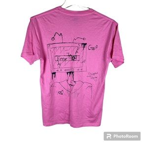 Pink unisex scribble graphic custom short sleeve T shirt with mushroom on front
